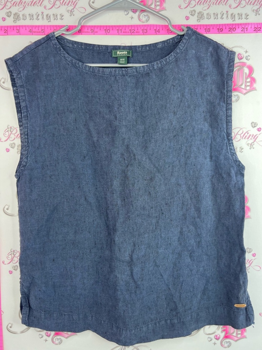 Roots linen tank top shirt navy blue Sleeveless Denim-Look Top in Blue